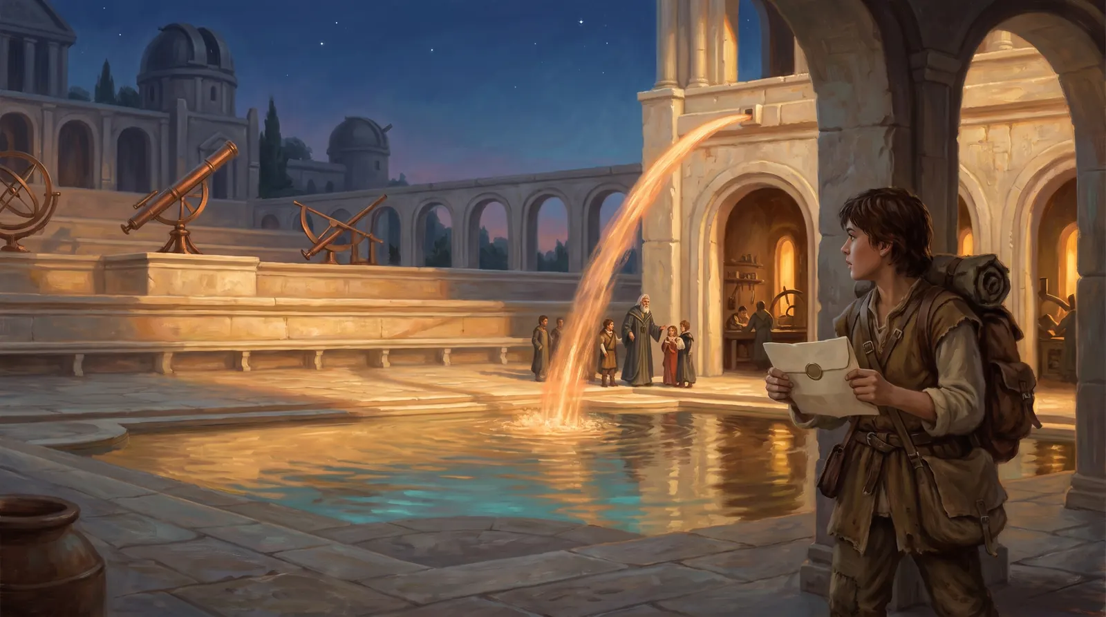 A new student with a letter in hand watches a magic lesson in a sunlit academy courtyard