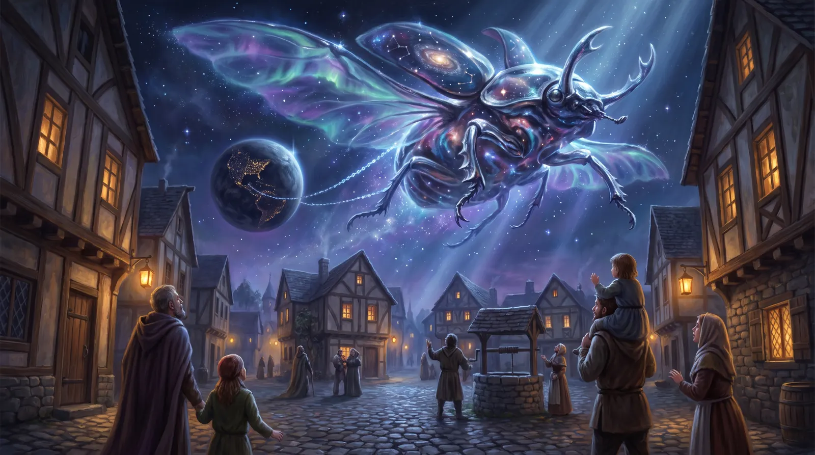 Villagers in a medieval square look up at a colossal astral beetle towing a planet across the night sky
