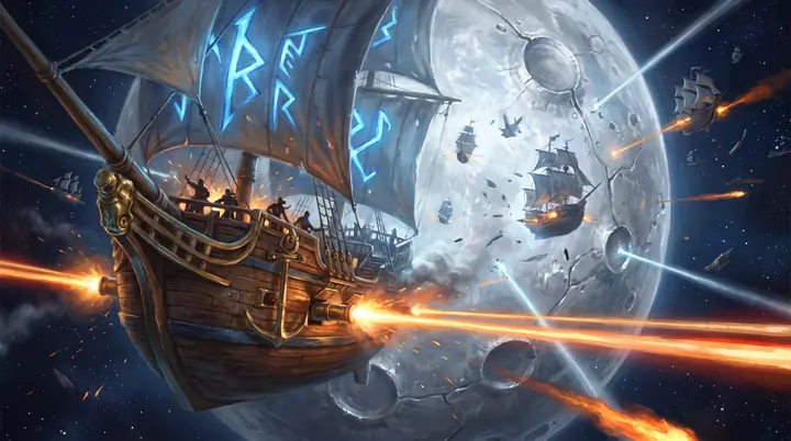 A flying galleon with glowing sails fires lasers in front of a huge silver moon