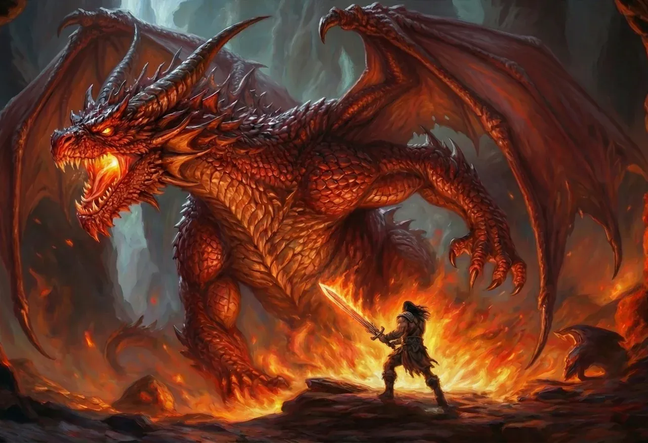 A lone warrior raises a sword against a huge red dragon in a burning cavern