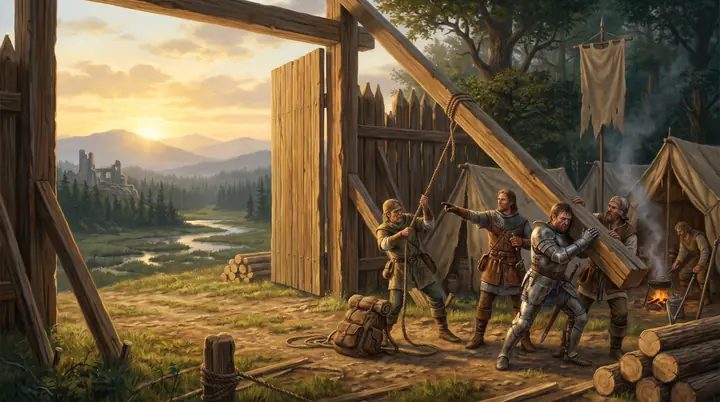 Settlers raise the first gate of a wooden palisade at sunrise, above a wild river valley