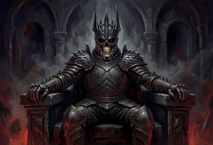 An armored skeletal king on a stone throne, wreathed in smoke and red light