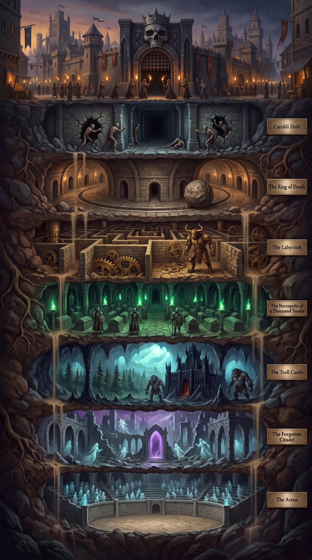 Cutaway of the dungeon: the city of Cariddi Hold and the first six floors