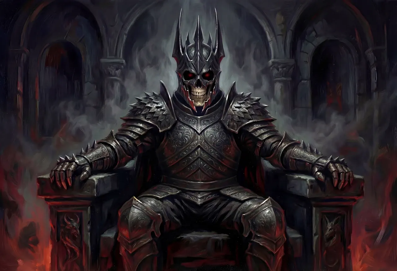 An armored skeletal king on a stone throne, wreathed in smoke and red light