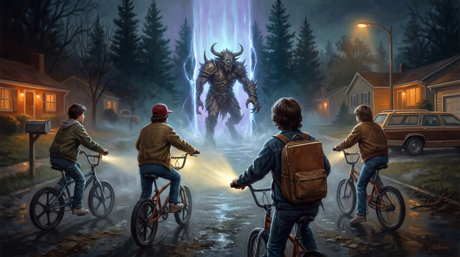 Four kids on bikes at night stop in front of a glowing tear in the air at the edge of the woods