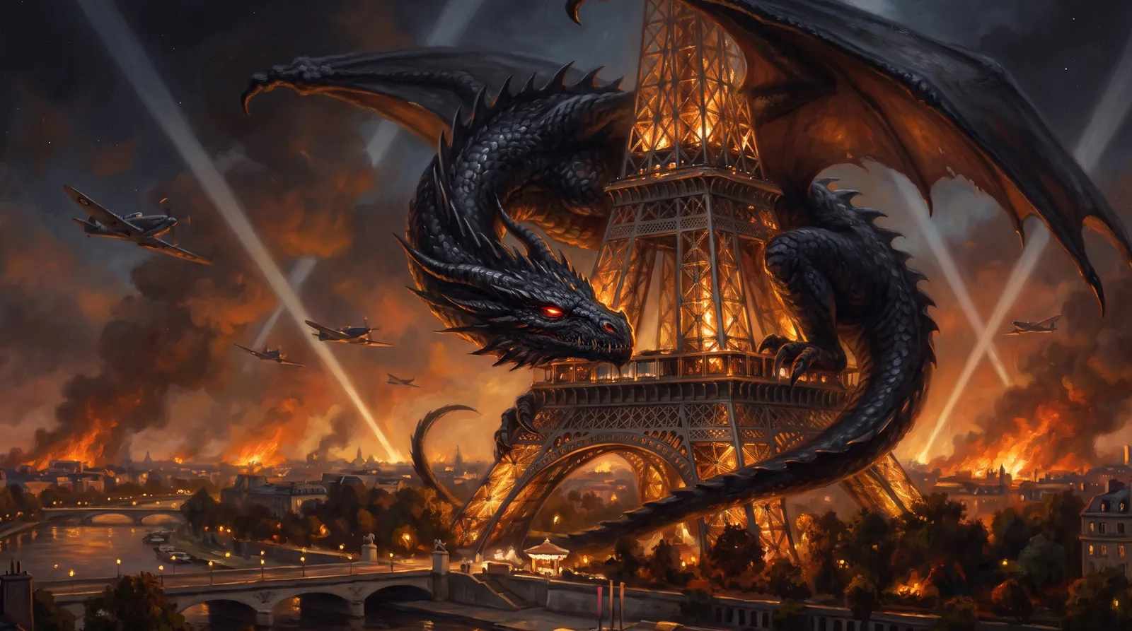 A black dragon coiled around an iron tower above a burning city at night